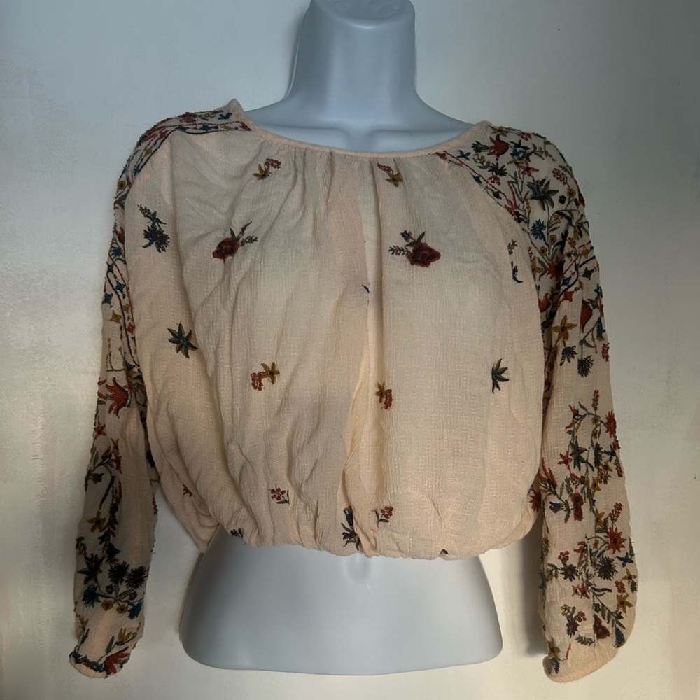 Free People Size XS Wild Flowers Blouse Embroidered Cream Long Sleeve Cropped - Picture 4 of 11